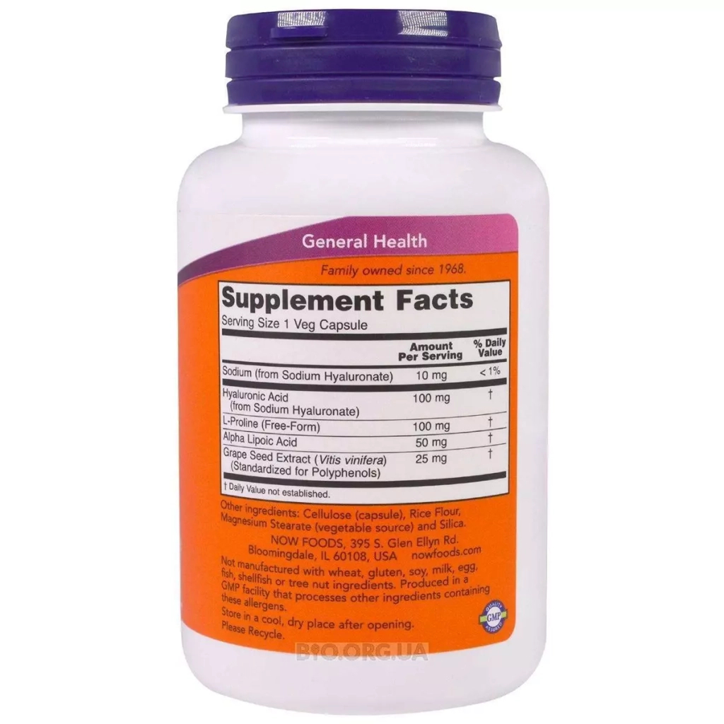 Вітамінно-мінеральний комплекс Now Foods Гіалуронова кислота, Hyaluronic Acid, 100 мг, 120 капсул (NOW-03151) - зображення 2