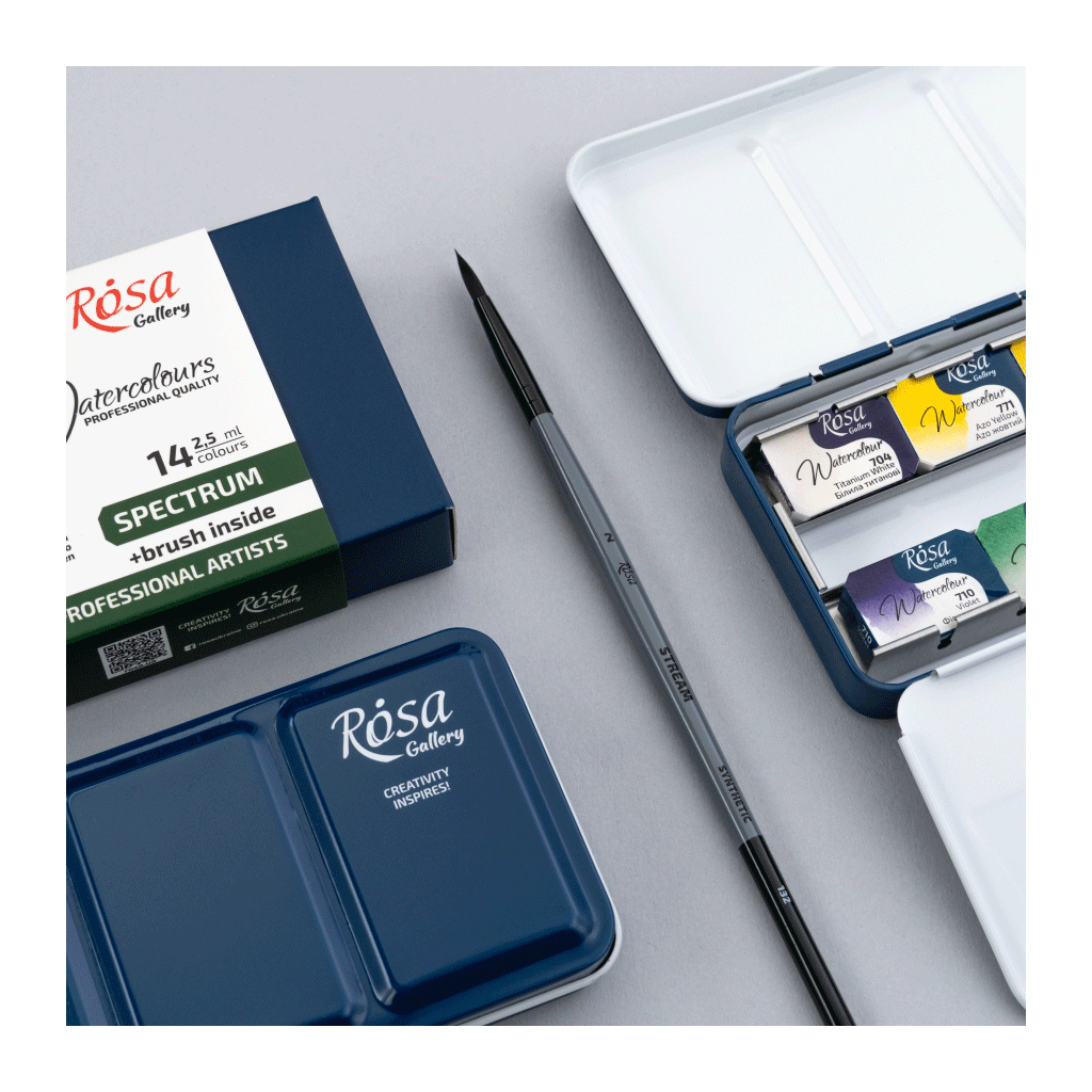 Акварельні фарби Rosa Gallery SPECTRUM, 14*2,5мл, з пензлем, кювета Індіго металевий пенал (4823098544760) - picture 3
