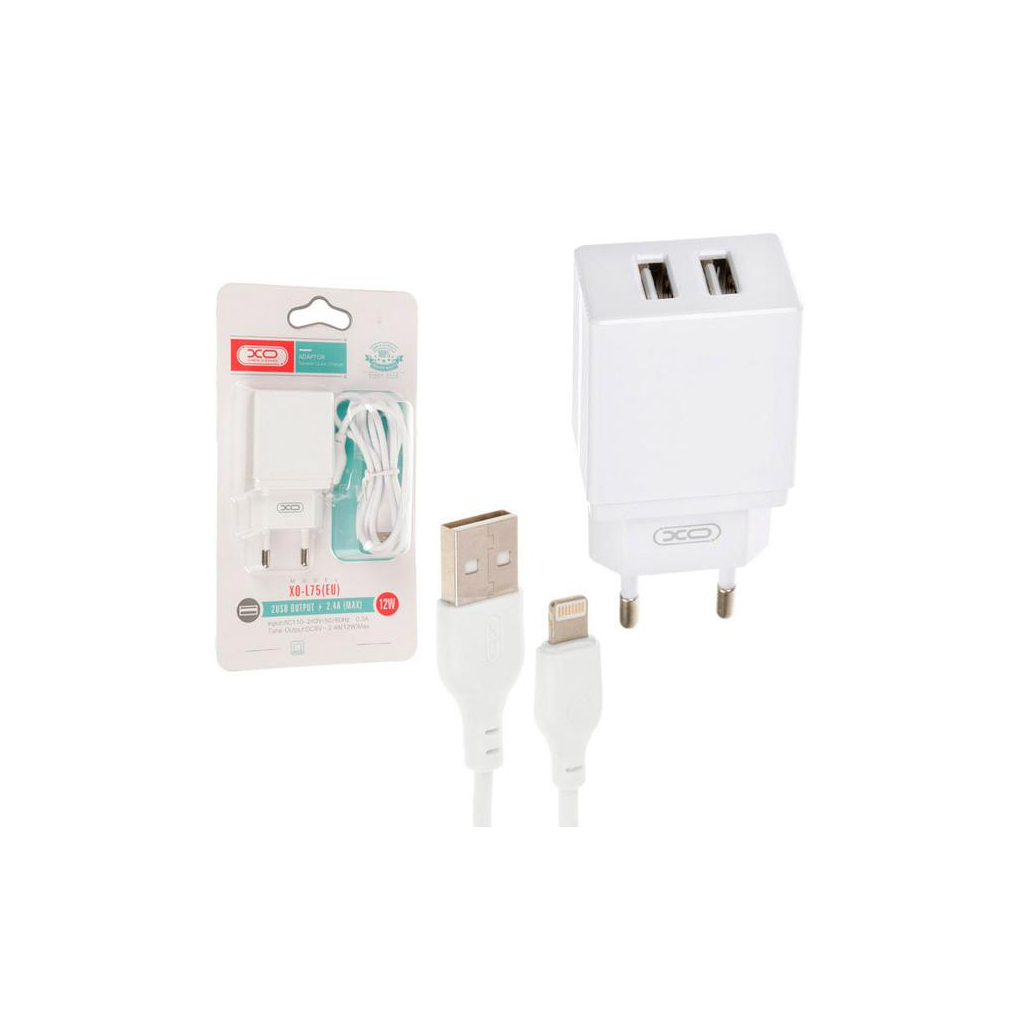 Зарядний пристрій XO L75 2USB/2.4A + Lightning White (XO-L75-L) - зображення 2