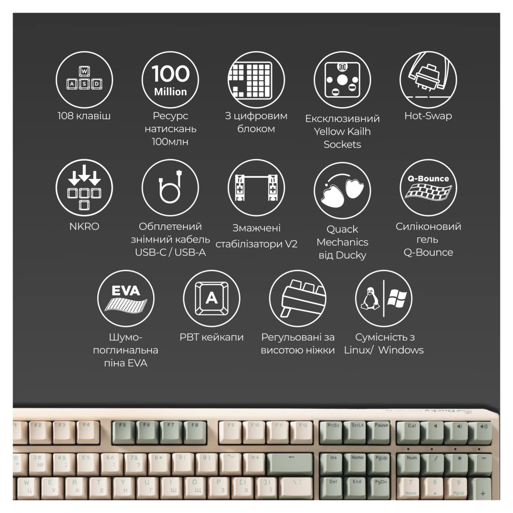 Клавіатура Ducky One 3 Cherry MX Silent Red UA USB Cream (DKON2108-SUAPXМAEGGC1) - зображення 3