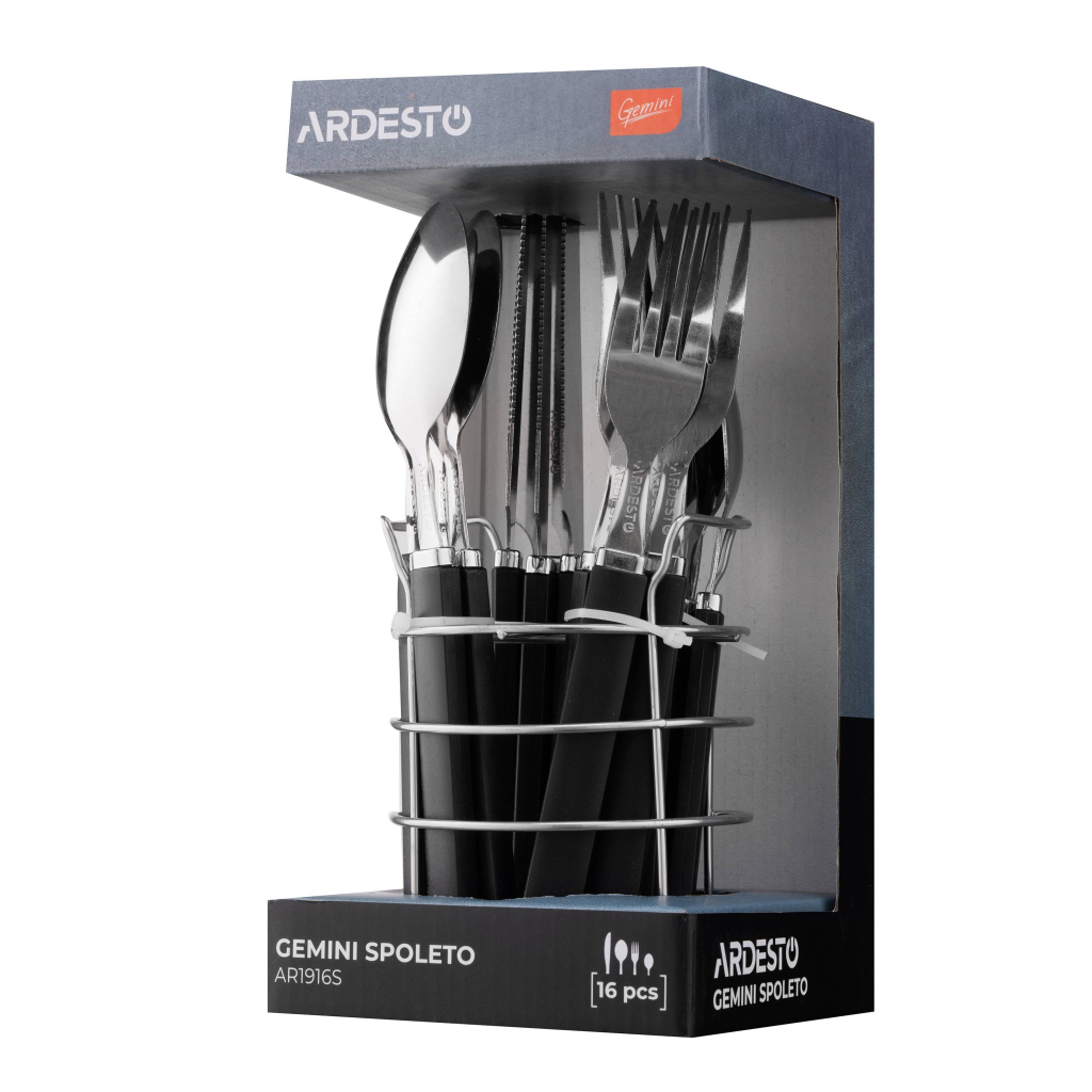 Набір столових приборів Ardesto Gemini Spoleto, 16 приборів, нержавіюча сталь, пластик, чорний (AR1916S) - изображение 6