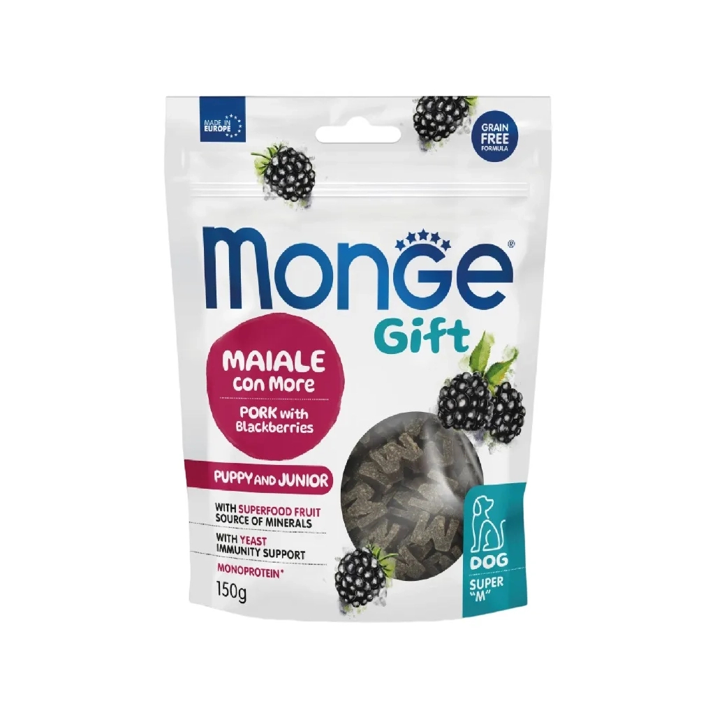Ласощі для собак Monge Gift Dog Puppy and Junior Growth support свинина з ожиною 150 г (8009470085724) - зображення 1
