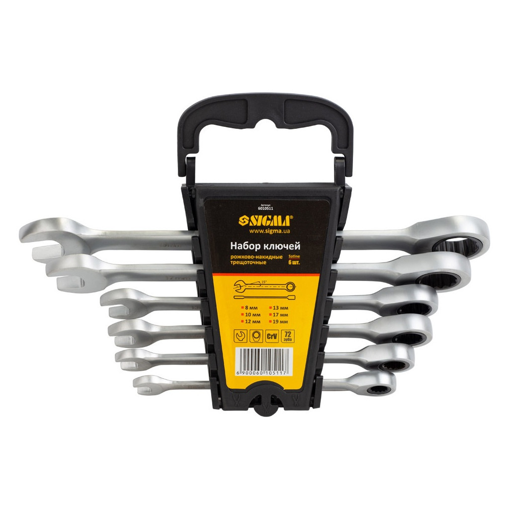 Ключ Sigma ріжково-накидний тріскачковий 6шт (8,10,12,13,17,19мм) CrV satine (6010511) - зображення 1