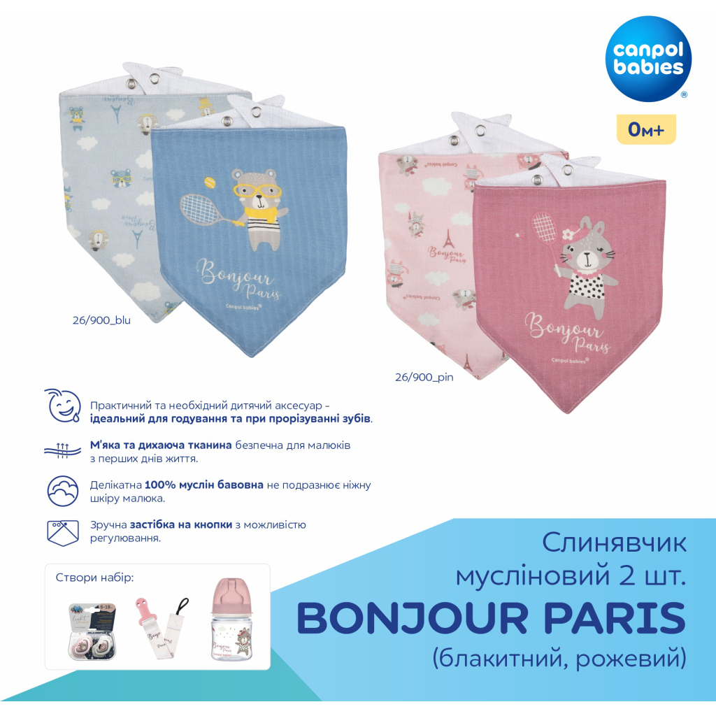 Слинявчик Canpol babies Bonjour Paris 2 шт Рожевий (26/900_pin) - зображення 6