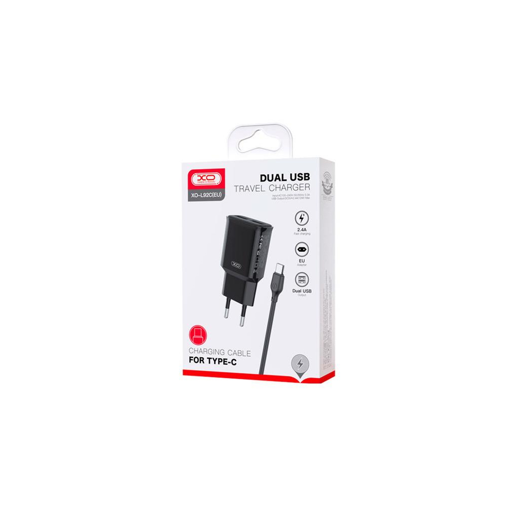 Зарядний пристрій XO L92C (2USB/2.4A) + USB - Type-C Чорний (XO-L92C-T) - зображення 2