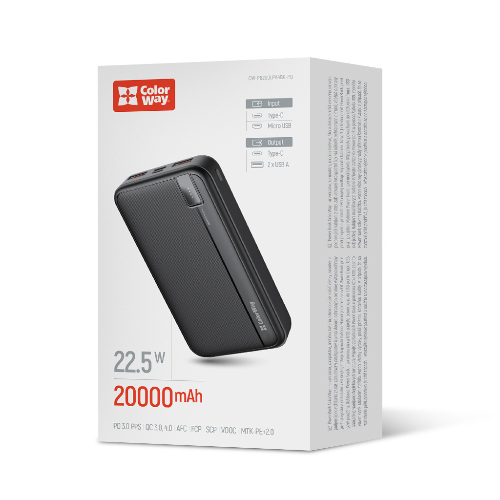 Батарея універсальна ColorWay 20 000 mAh PD/22.5W, QC/3.0, black (CW-PB200LPA4BK-PD) - зображення 4