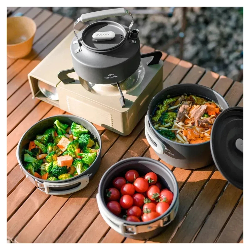 Набір туристичного посуду Naturehike CNK2450CF010, алюміній 2 каструлі, чайник, сковорідка (6976507663281) - зображення 5