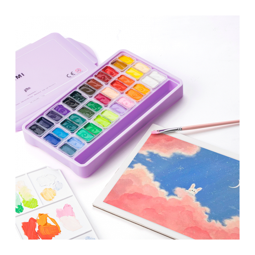 Гуашеві фарби HIMI Twin Cup 36*12мл+3 пензлі, фіолетовий пластик, пенал (6976939682577) - изображение 9