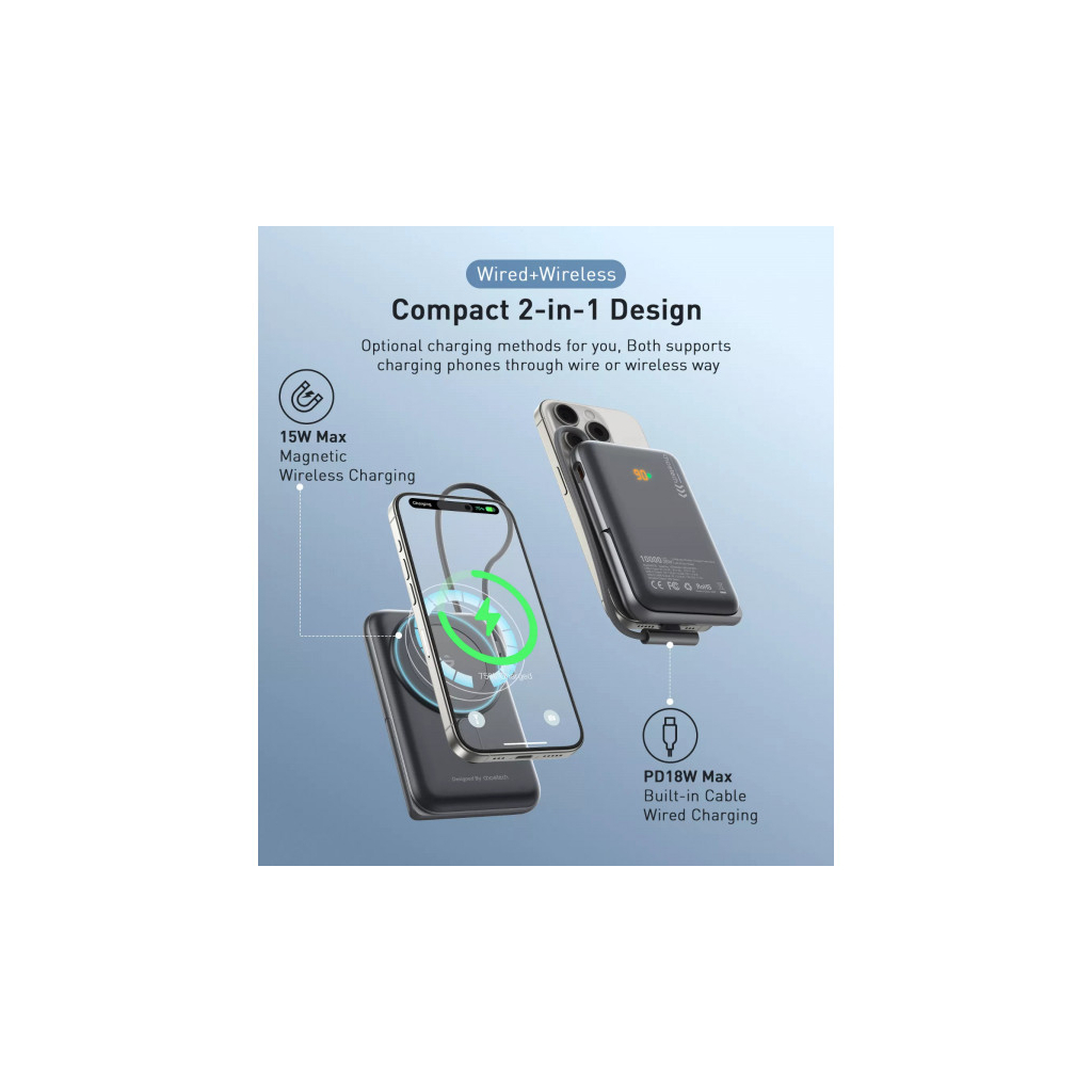 Батарея універсальна Choetech Magnetic Wireless 10000mAh 20W, PD, Qi-15W, USB-C In/Out, build-in cabel, Black (B735-CCBK) - зображення 6
