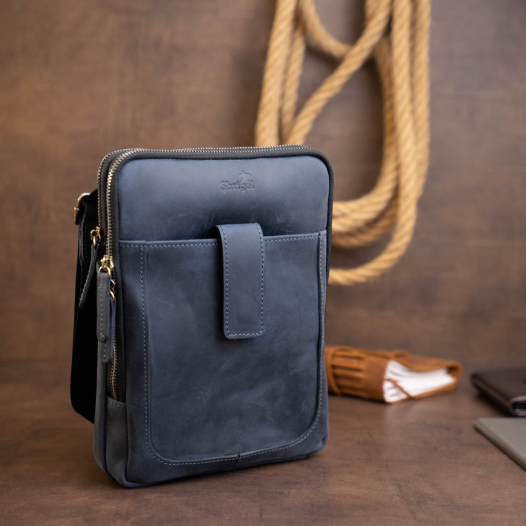 Сумка Shvigel На два відділення вінтажна шкіряна Синя (11284) - зображення 8