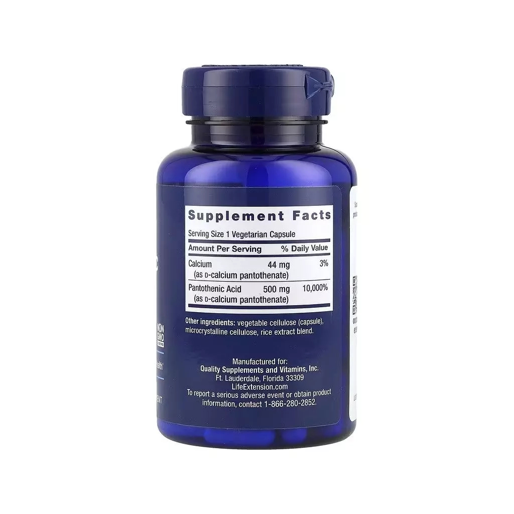 Вітамін Life Extension Пантотенова кислота, Вітамін B5, 500 мг, Pantothenic Acid, 100 вег (LEX-20281) - зображення 2