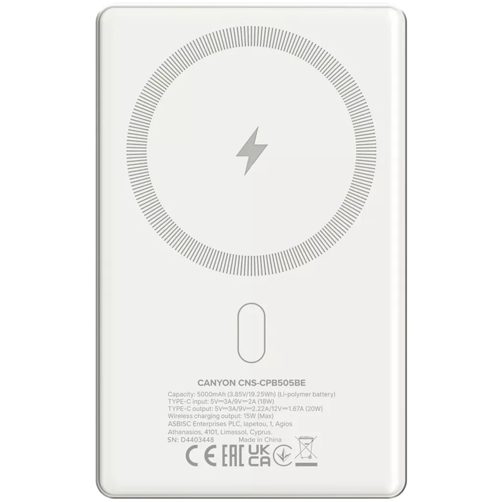 Батарея універсальна Canyon 5000mAh OnPower 505 slim Magsafe PD/20W Beige (CNS-CPB505BE) - зображення 3