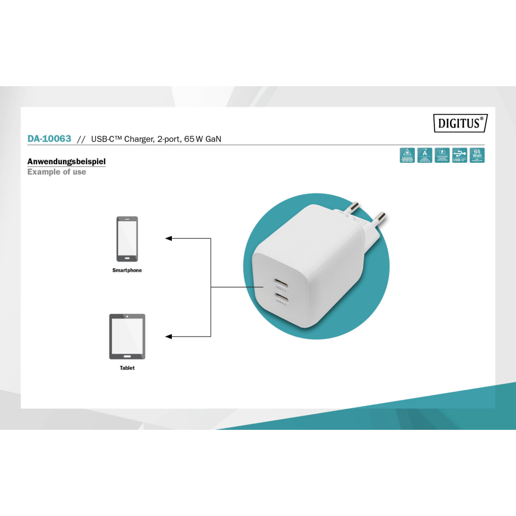 Зарядний пристрій Digitus 2xUSB-C PD65W GaN (DA-10063) - изображение 5