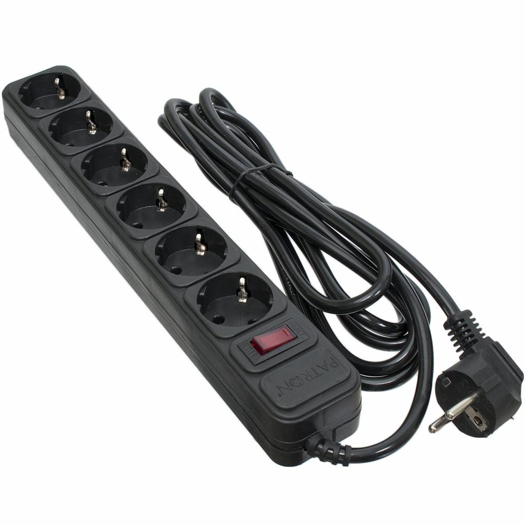 Мережевий фільтр живлення Patron 3.0 m3*1mm2 (SP-1063) 6 розеток BLACK (EXT-PN-SP-1063) - зображення 1