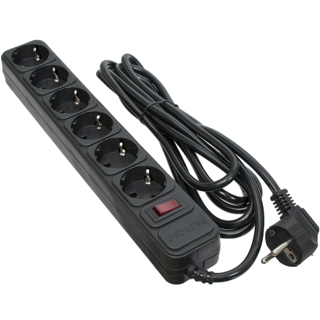 Мережевий фільтр живлення Patron 3.0 m3*1mm2 (SP-1063) 6 розеток BLACK (EXT-PN-SP-1063) - зображення 1