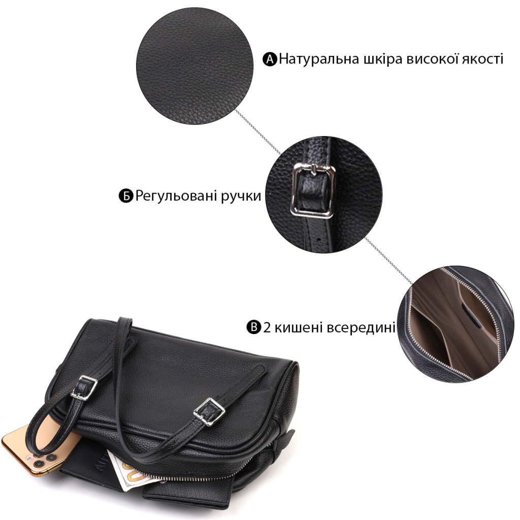 Сумка Vintage Зі знімними ручками з натуральної шкіри Чорна (22078) - зображення 5