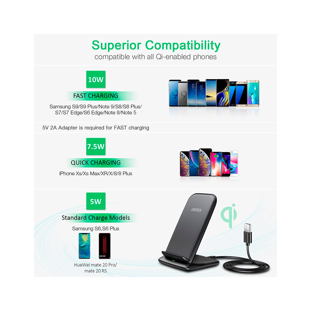 Зарядний пристрій Choetech 15W Fast Wireless Charging Stand 2coils black (T555-F-BK) - зображення 5