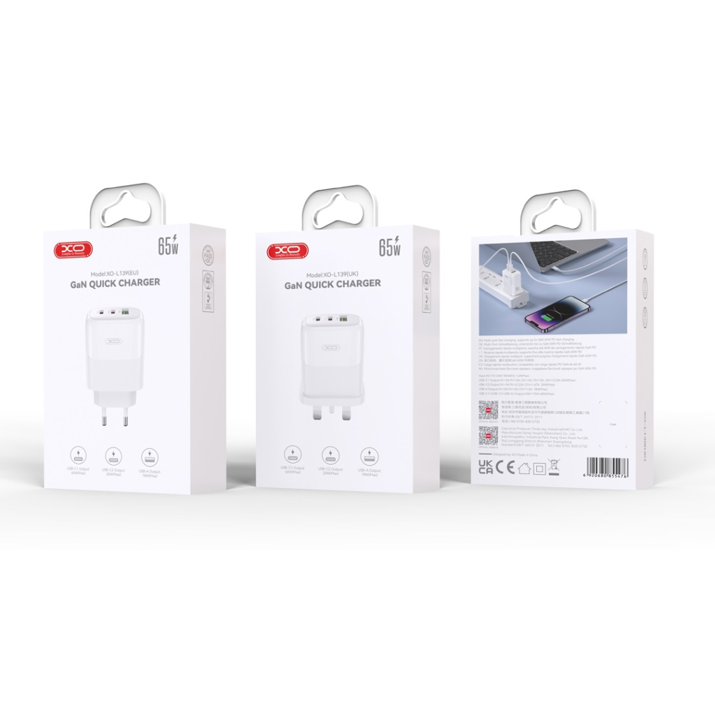 Зарядний пристрій XO L139 83W 2xUSB-C PD65W + USB-A QC18W White (L139_White) - зображення 2