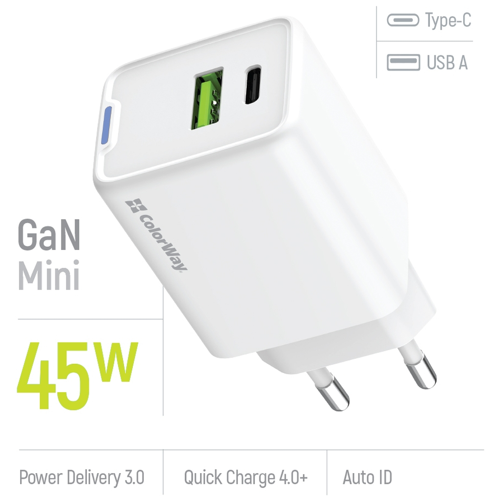 Зарядний пристрій ColorWay C101E GaN Mini 45W PD PPS USB-C + USB-A QC4.0 white (CW-CHS060PD-WT) - изображение 7