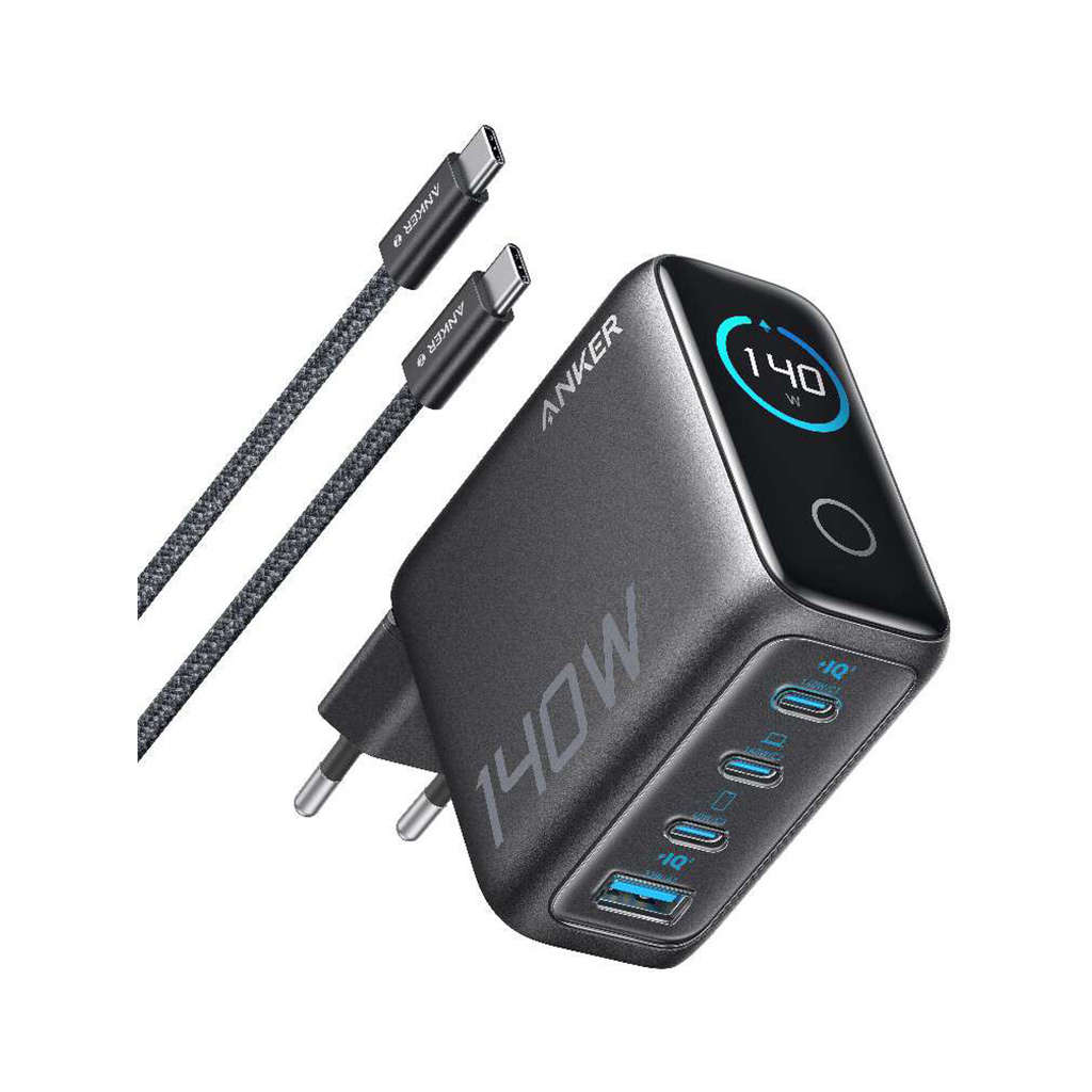 Зарядний пристрій Anker Laptop GaN 140W 3xUSB-C PD3.1 + USB-A + display + cable Black (B2697GZ1) - зображення 1