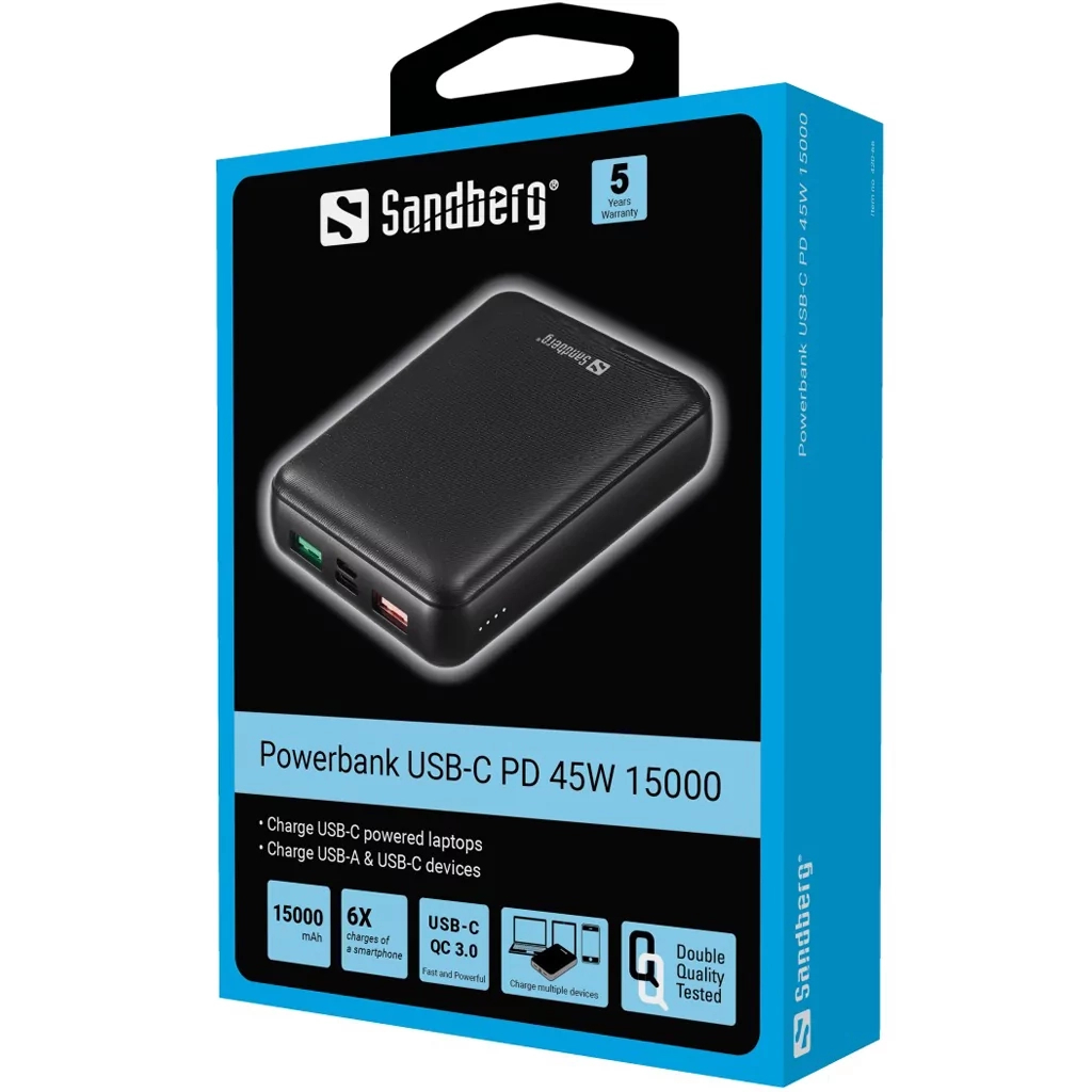 Батарея універсальна Sandberg 15000mAh, PD/45W(20V/2.25A), QC3.0, USB-C, Micro-USB, USB-A*2 (420-66) - зображення 2