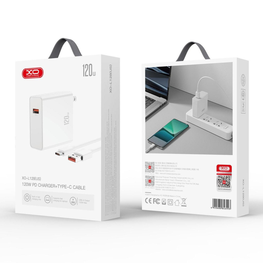 Зарядний пристрій XO L128 120W with cable Type-C white (XO-L128-WH) - зображення 2