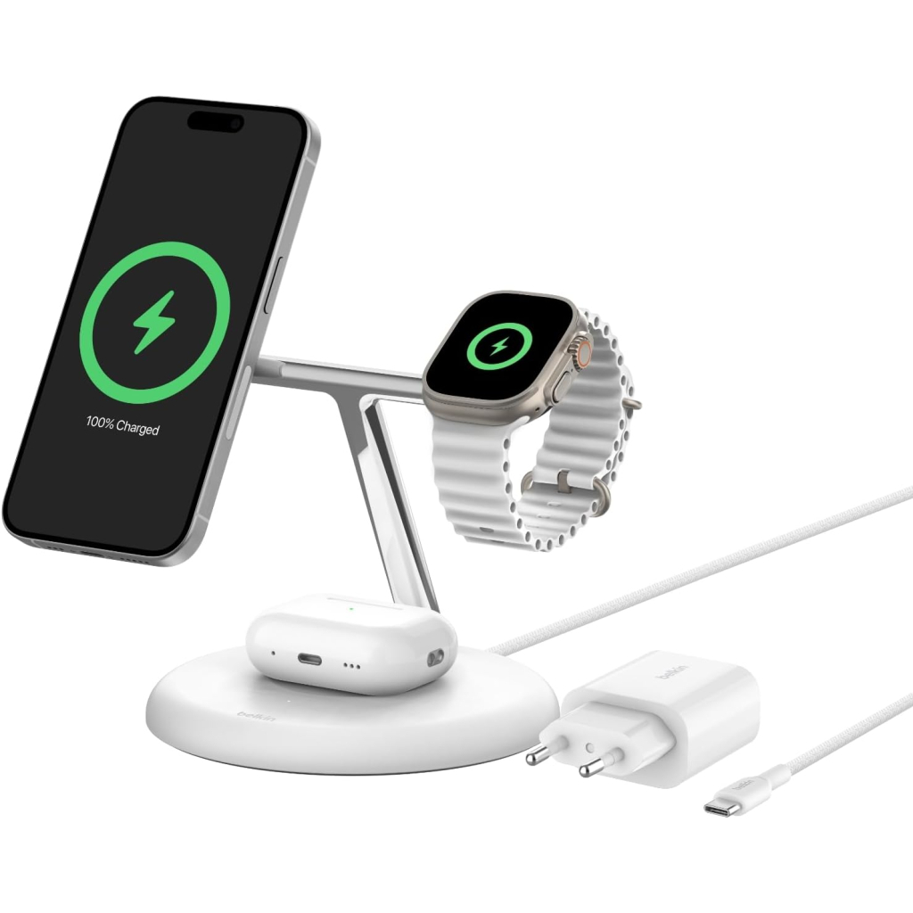 Зарядний пристрій Belkin 3in1 Magnetic Adjustable Pad Qi2 15W White (WIZ023VFWH) - зображення 3