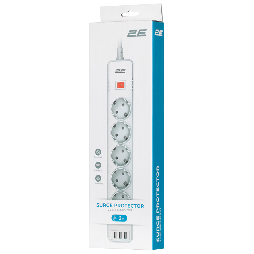 Мережевий фільтр живлення 2E 5XSchuko, 3G*1.5мм, 3*USB-A, 2м, white (2E-SP515M2USBWH) - зображення 6
