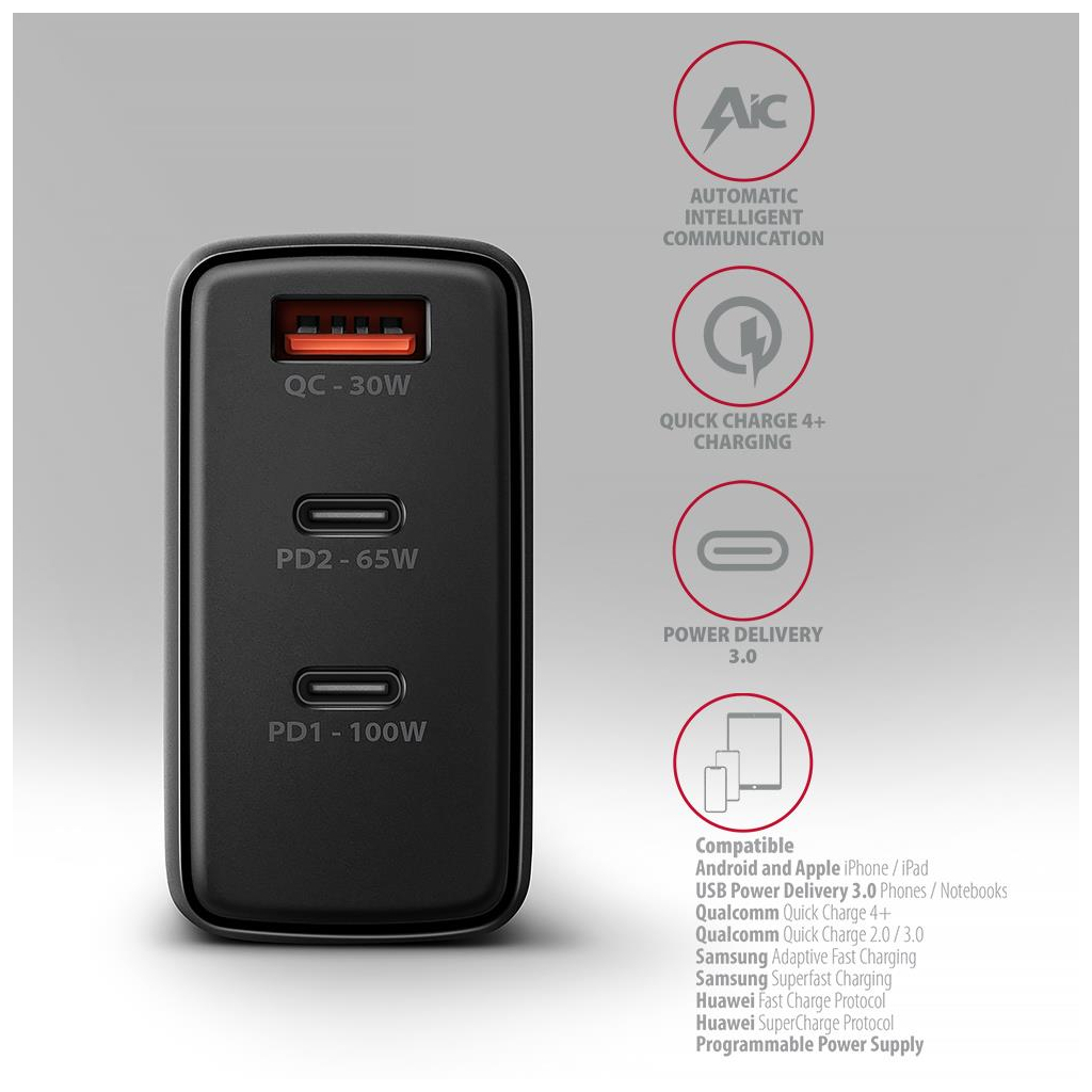 Зарядний пристрій AXAGON 1xUSB + 2xUSB-C 100W QC4+ PD3.0 PPS black (ACU-DPQ100) - зображення 5