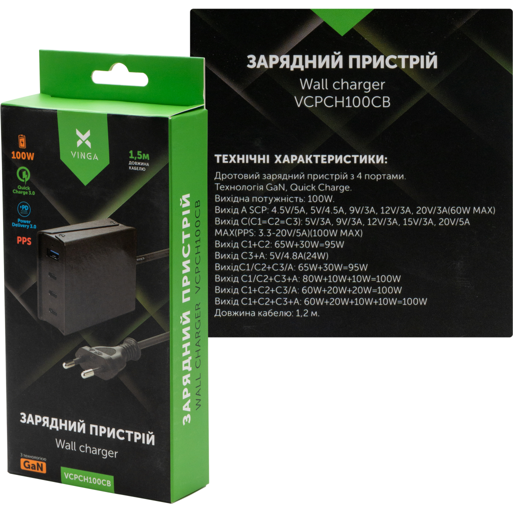 Зарядний пристрій Vinga GaN 100W PD+QC 3C1A ports 1.2m Wired Charger (VCPCH100CB) - зображення 6
