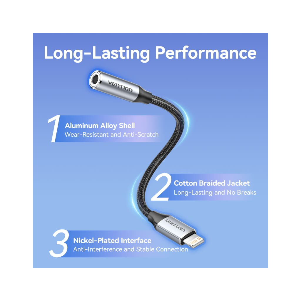 Перехідник Lightning to 3.5mm 0.1m cotton braided aluminum gray Vention (BMBHA) - изображение 5