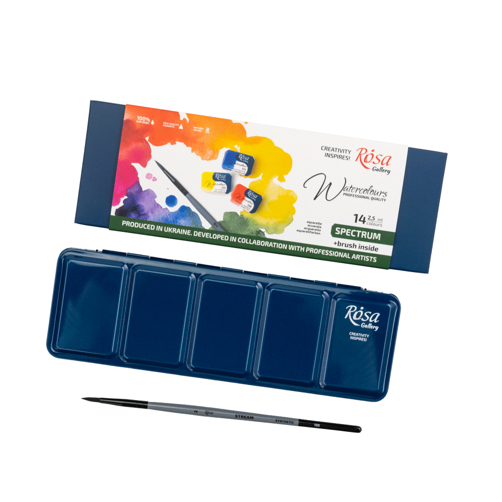 Акварельні фарби Rosa Gallery SPECTRUM, 14*2,5мл, з пензлем, кювета Індіго металевий пенал (4823098544760) - picture 7