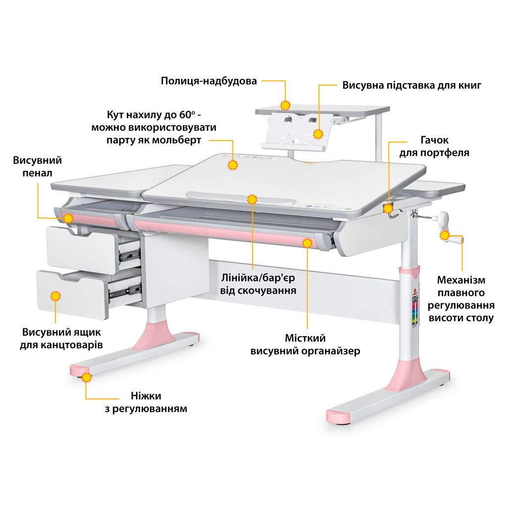 Парта Mealux Hamilton Multicolor Pink з полицею S-50 (BD-680 W/G MC +PN +S50 WG) - зображення 2