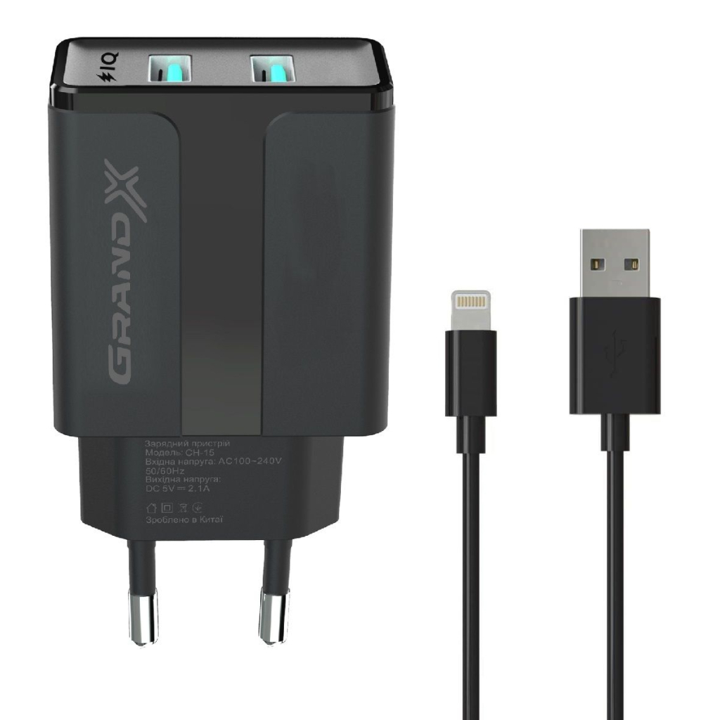 Зарядний пристрій Grand-X 5V 2,1A Black + cable USB-Lightning (CH15LTB) - зображення 1