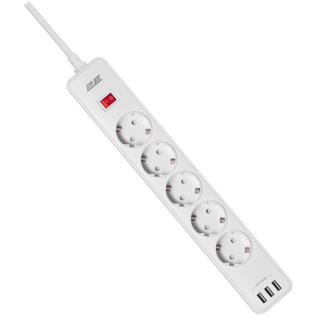 Мережевий фільтр живлення 2E 5XSchuko, 3G*1.5мм, 3*USB-A, 2м, white (2E-SP515M2USBWH) - зображення 2