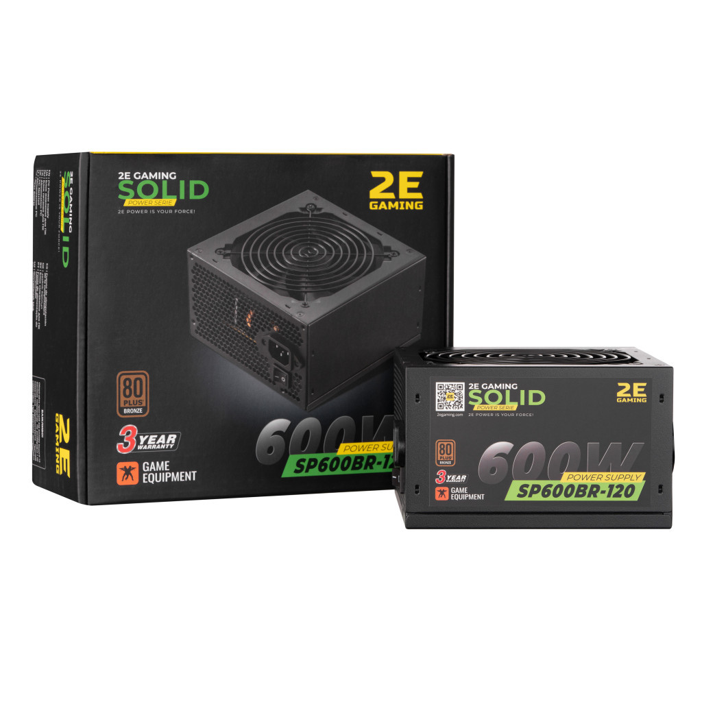 Блок живлення 2E GAMING SOLID POWER (600W), >85, 80+ Bronze, 120mm, 1xMB 24pin(20+4), 1xCPU 8pin(4+4), 3xMolex, (2E-SP600BR-120) - зображення 1