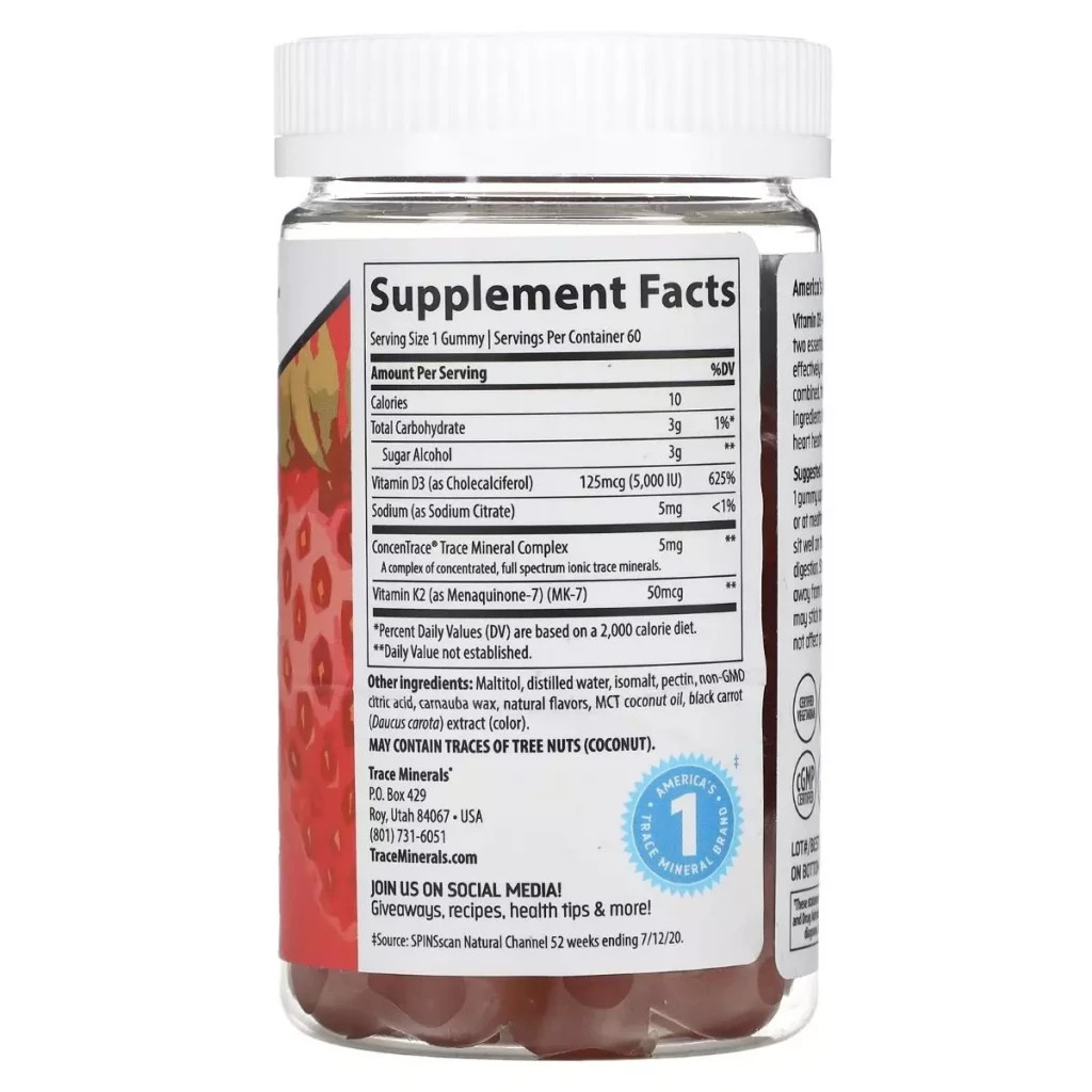 Мультивітамін Trace Minerals Вітамін D3 і K2, смак полуниці, Vitamin D3 + K2 Gummies, 60 жувальних цукерок (TMR-00754) - зображення 2