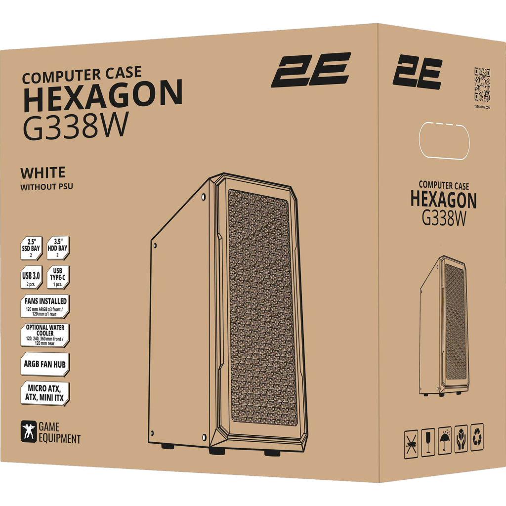 Корпус 2E Gaming Hexagon G338W, без БЖ, 2xUSB 3.0, 1xUSB Type-C, 1x120mm, 3x120mm ARGB, TG Side Panel, AT (2E-G338W) - зображення 7