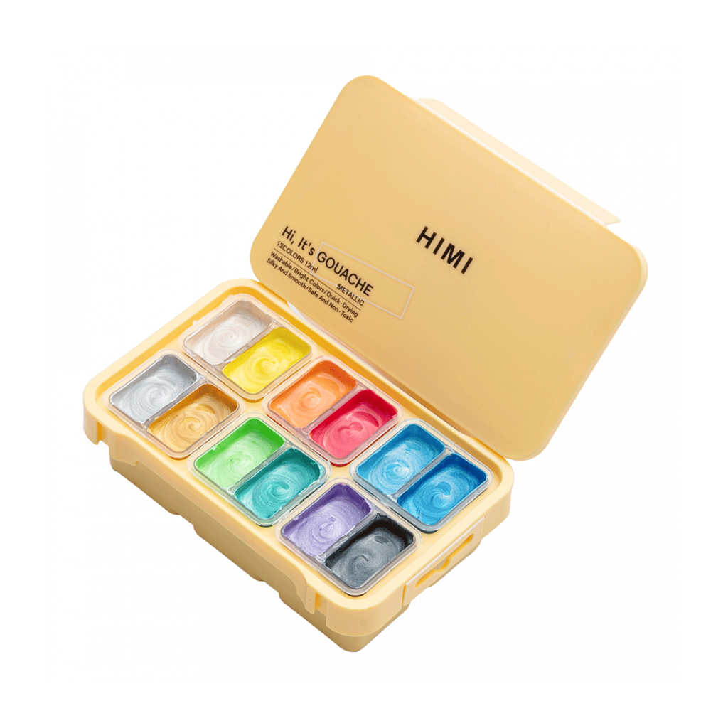Гуашеві фарби HIMI Twin Cup 12 кольорів по 12мл, Металік, жовтий пластик, пенал (6976939680429) - picture 5