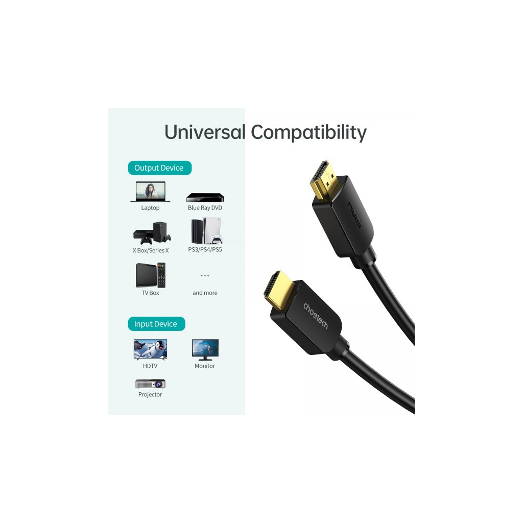 Кабель мультимедійний HDMI to HDMI 2.0m V.2.1 8K 60Hz HDR10 HLG 48Gbps YUV 444 Choetech (XHH-TP20) - изображение 3