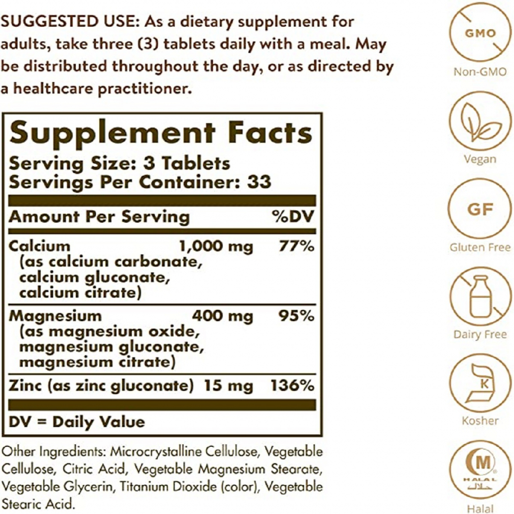 Мінерали Solgar Кальцій Магній і Цинк, Calcium Magnesium Plus Zinc, 100 табл (SOL00520) - зображення 2