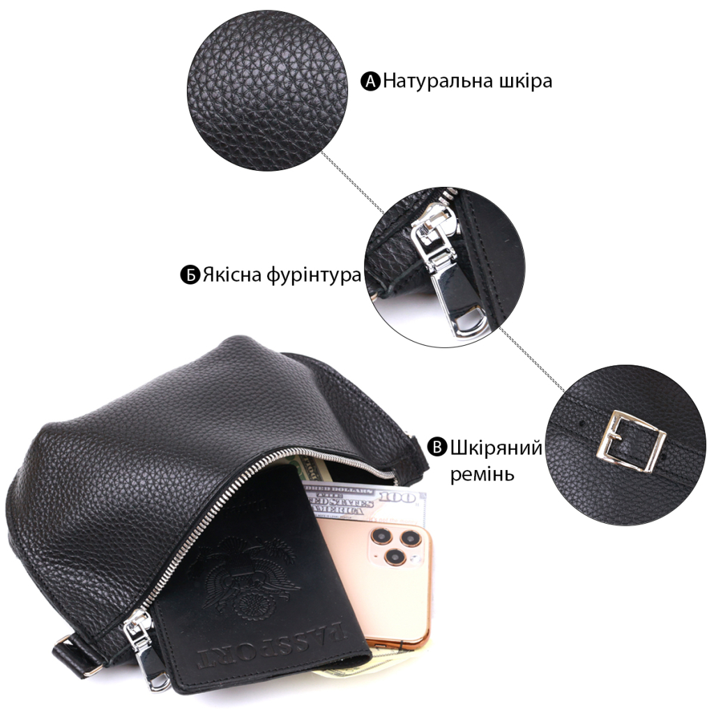 Сумка Shvigel Шкіряна бананка Чорна (16373) - зображення 4