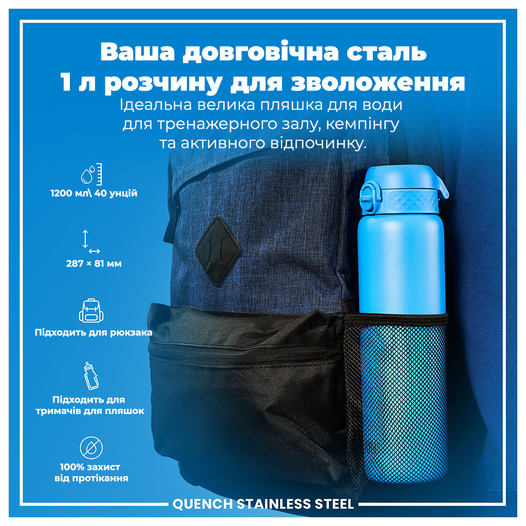 Пляшка для води ION8 OneTouch Stainless Steel 1200 мл Blue (I8SS1000BLU) - зображення 5
