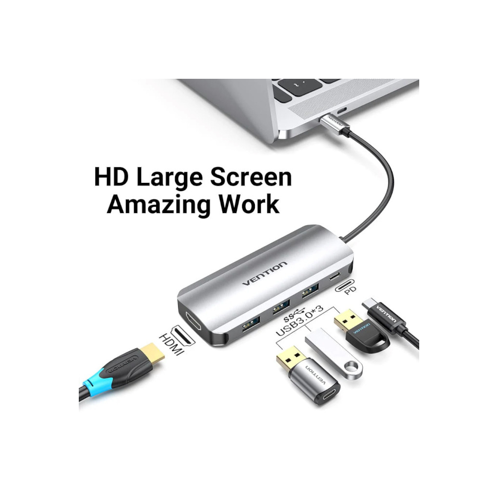 Концентратор Vention USB 3.1 Type-C to HDM/USB 3.0х3//PD 100W 5-in-1 (THFHB) - изображение 3