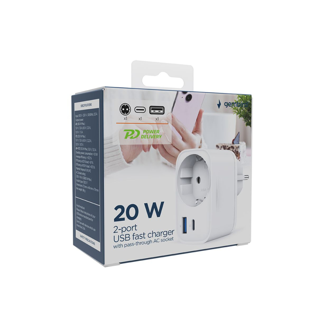 Зарядний пристрій Gembird 1xUSB-C PD20W + 1xUSB QC3.0 + Schuko white (TA-ACPDQC20-01-W) - зображення 5