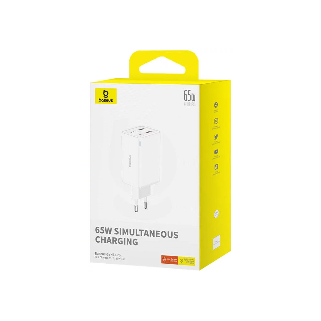 Зарядний пристрій Baseus GaN6 Pro Fast Charger 2C+2U 65W + Cable 1.0m Type-C 100W white (P10162701213-00) - зображення 8