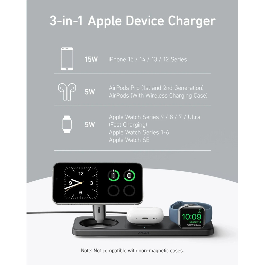 Зарядний пристрій Anker MagGo Wireless Charging Station 15W 3-in-1 Pad Black (B25M1311) - изображение 9