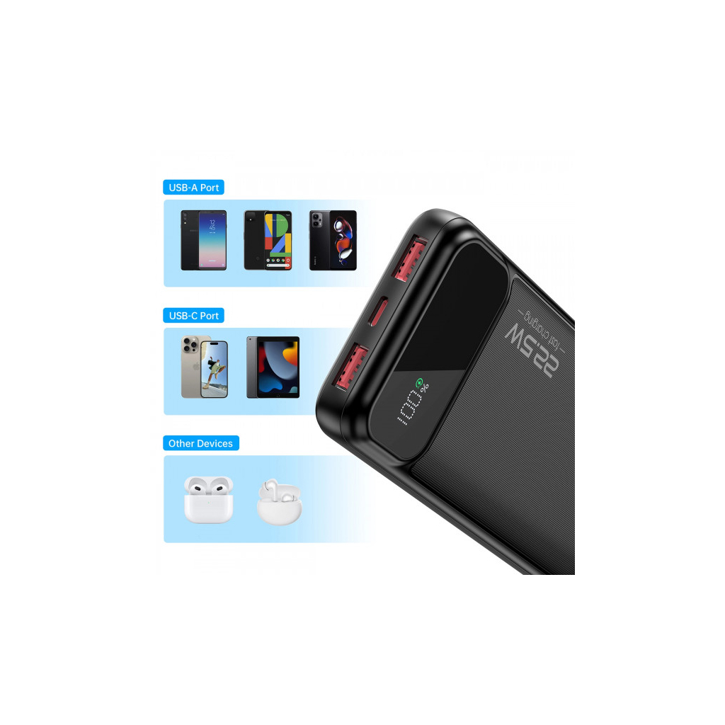 Батарея універсальна Choetech 10000mAh 22.5W, PD, QC/3.0, USB-A, USB-C, Black (B728-CCBK) - зображення 4