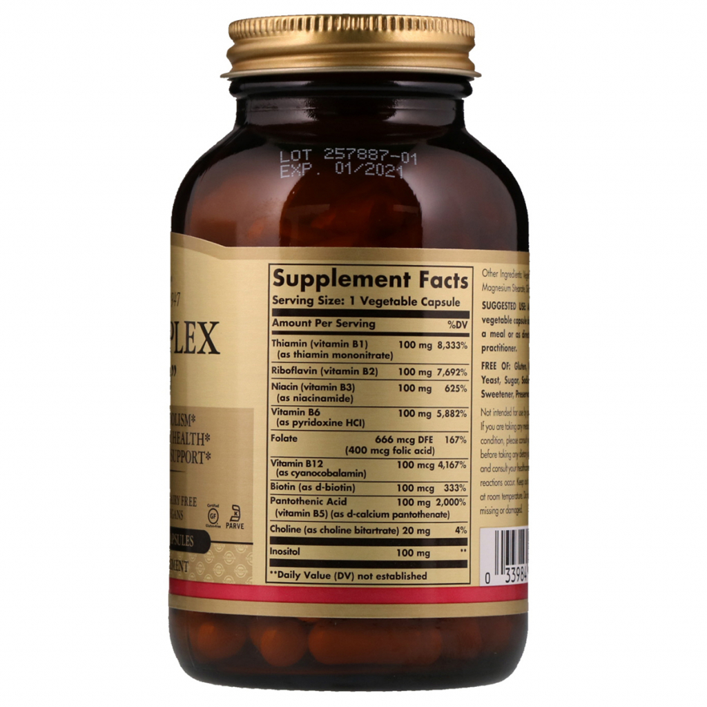 Вітамінно-мінеральний комплекс Solgar Вітаміни B-комплекс, B-Complex "100", 100 гелевих капсул (SOL-01150) - зображення 2