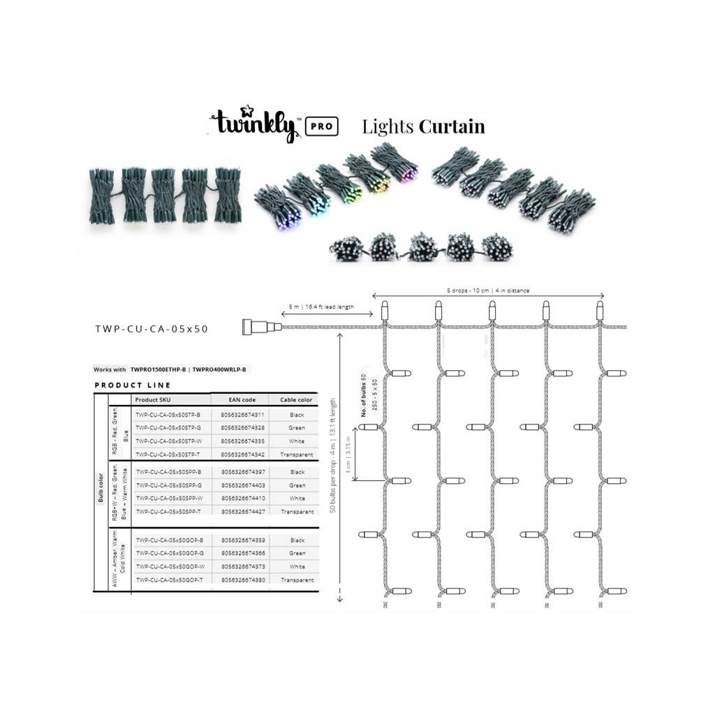 Гірлянда Twinkly PRO Smart LED Curtain RGB 250, AWG22, IP65, зелений (TWP-CU-CA-05X50STP-G) - зображення 5